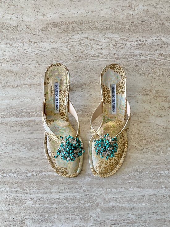 Manolo Blahnik Shoes - Vintage Manolo Blahnik Brocade Beaded Thong Sandal Heels